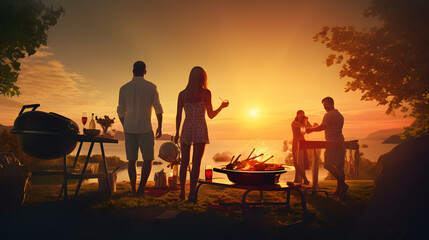 Obraz premium A group of young friends having a grill beef steak party in the park at sunset