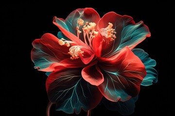 A vibrant red flower with lush green leaves against a dramatic black backdrop