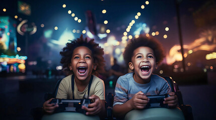 african american kids playing video games happy and excited, video game consoles, fun moments with friends - obrazy, fototapety, plakaty