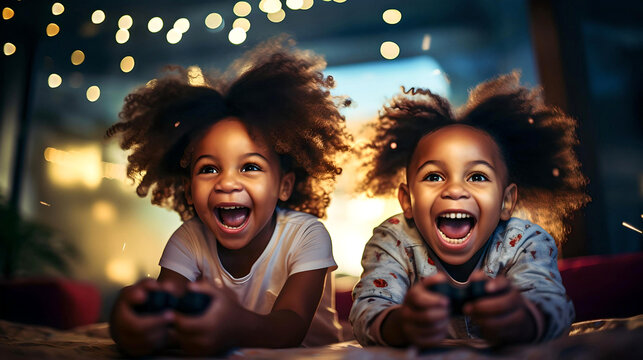 african american kids playing video games happy and excited, video game consoles, fun moments with friends