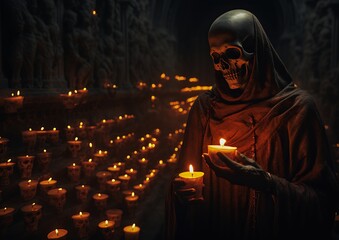 closeup person holding candle room hooded skull heaven hell production monks entertainment - obrazy, fototapety, plakaty