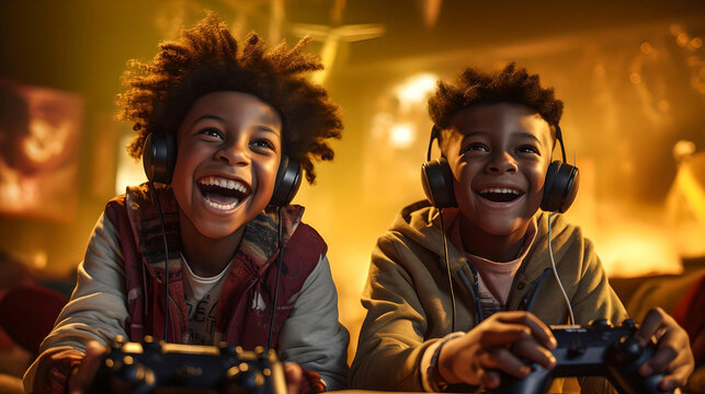 african american kids playing video games happy and excited, video game consoles, fun moments with friends