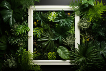 Empty photo frame with green leaves background