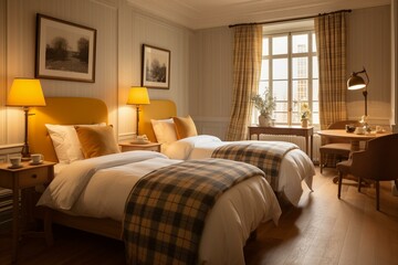 Beautiful twin-bed hotel room. Generative AI