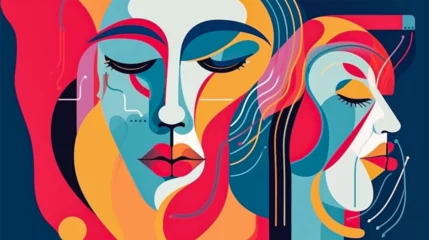 Foto op Canvas Abstract trendy contemporary woman face collage in modern vector art design. Feminine abstraction poster in colorful palette. Creative geometric female pattern in cubism style. Vector Illustration. © Pixode