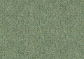 Hand-drawn unique abstract seamless ornament. Dark green on light warm green background, with splatters of golden glitter. Paper texture. Digital artwork, A4. (pattern: p10-1c)