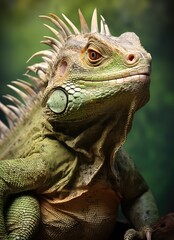 An iguana perched on a branch, showcasing its vibrant scales and captivating gaze