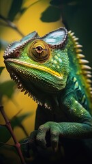 Fototapeta premium A vibrant green and yellow chameleon up close