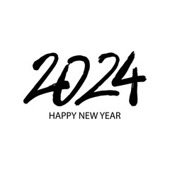 Happy New Year 2024. Hand drawn brush lettering on white background. Grunge style.