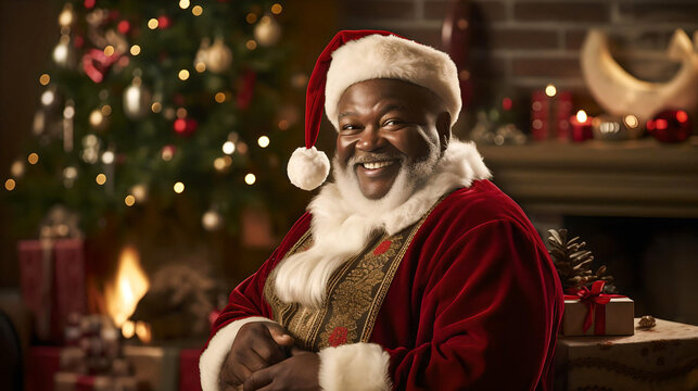 Black Santa Claus, Preparing Gifts For Christmas Day, African American Santa Claus