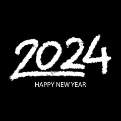 Happy New Year 2024. Hand drawn brush lettering on black background. Grunge style.