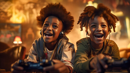 african american kids playing video games happy and excited, video game consoles, fun moments with friends - obrazy, fototapety, plakaty