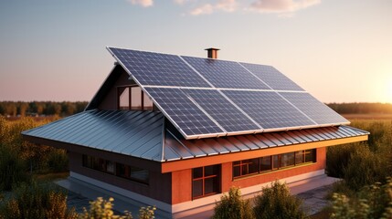 Naklejka premium Solar panel on factory or house roof top. Photovoltaic power supply systems. Solar power plant. The source of ecological renewable energy, environment, power, technology