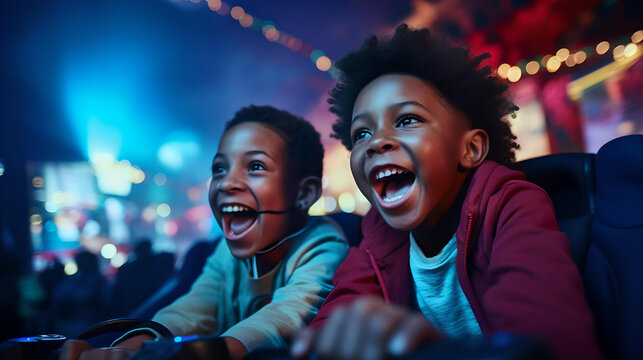 african american kids playing video games happy and excited, video game consoles, fun moments with friends