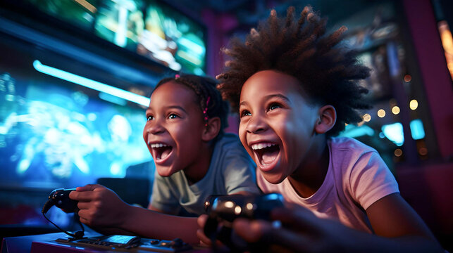 african american kids playing video games happy and excited, video game consoles, fun moments with friends