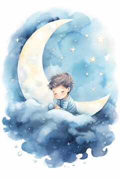 boy sitting crescent cloud moon sleeping cute illustration sandman clicks eyelids blue lane brown moonshine