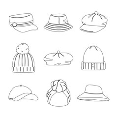 Set of Various Hat. Hand drawn vector illustration. Bucket Hat, Towel Hat, Beach Hat, Beanie Hat, Flatcap Hat, Baseball Hat, Breton Hat.