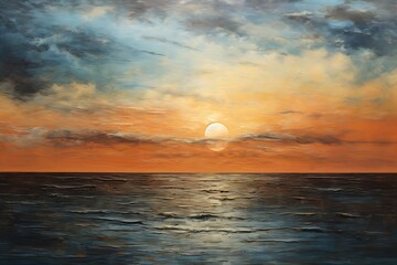 sunset ocean boat distance song visible sky humid atmosphere bright giant sun swiping brushwork brown - obrazy, fototapety, plakaty