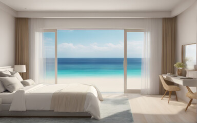 drawing bedroom with large glass door beach front seabreeze on the ocean view hotel luxury house and villa