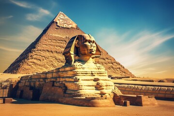 Iconic pyramids and sphinx sculpture in Egypt. Generative AI