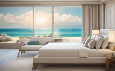 Fototapeta na wymiar drawing bedroom with open large glass door beach front seabreeze on the sea view beach hotel luxury house and villa