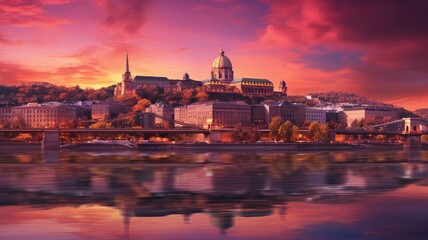 Obraz premium a stunning sunset over a river in the heart of the city