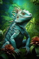 Fototapeta premium an iguana perched in the lush greenery of the jungle