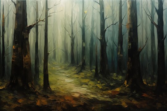 path forest trees leaves ambient album cover desolate treacherous road deep shadows color unnerving forests