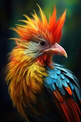 a vibrant and colorful bird with red, yellow, and blue feathers