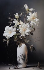 a minimalist arrangement of white flowers in a white vase