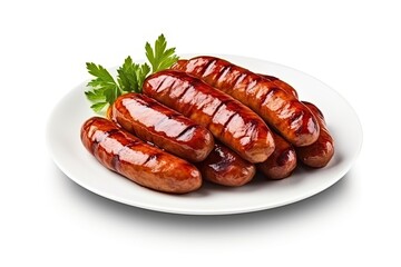 grilled sausages on a plate isolated on white background