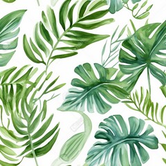 Fototapeta na wymiar Exotic leaves, rainforest. Seamless, hand painted, watercolor pattern. Vector background. generative ai