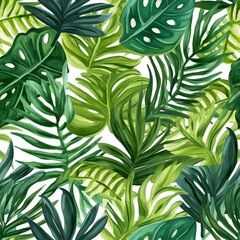 Exotic leaves, rainforest. Seamless, hand painted, watercolor pattern. Vector background. generative ai