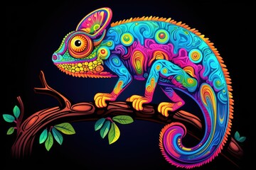 A vibrant chameleon perched on a tree branch