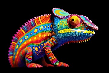 A vibrant chameleon perched against a contrasting black background