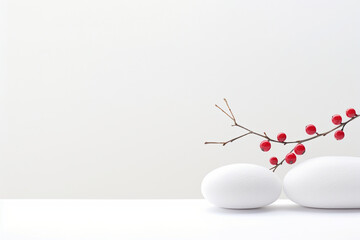 Serene Wellness: Minimalist Red Holiday Berries and White Stones on a White Background with Space for Text