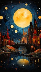city night full moon bundle pop surrealism orange sky magical dreamy - obrazy, fototapety, plakaty
