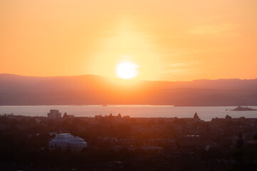 Warm Sunset over city. Golden hour.Landscape photography