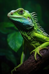 Obraz premium A vibrant green lizard perched on a tree branch
