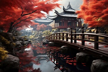 Fototapeta premium Colourful Bridge in the environment, Painting, Illustration style, Ai generated