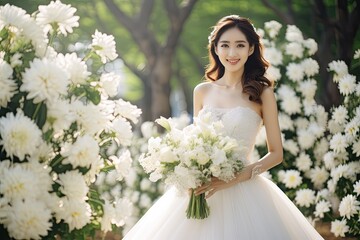 Radiant Asian bride exudes happiness and smiles in her stunning wedding dress. Generative AI