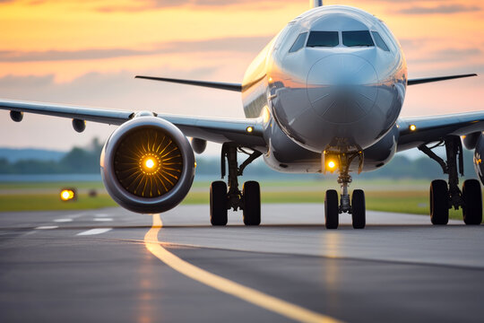 Close up tire of air passenger jet plane driving on runway in background of airport. Transportation concept of vehicles and travel.