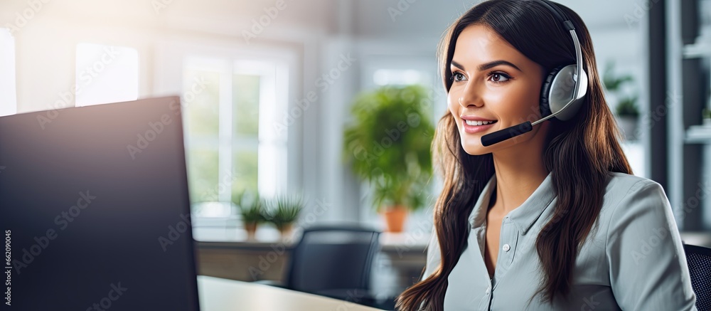 Poster remote call center worker supports customers via video call with copyspace for text