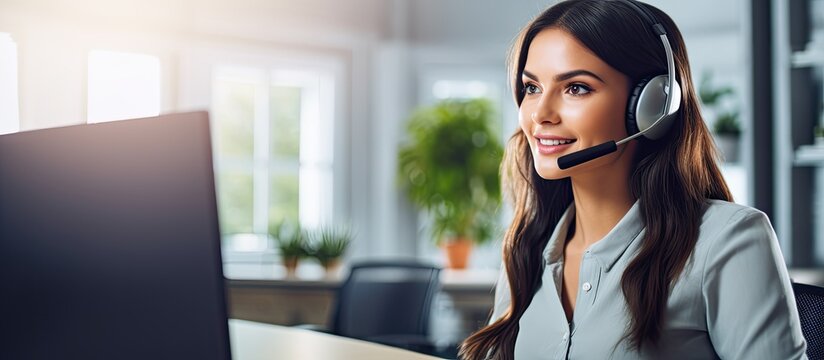 Remote call center worker supports customers via video call With copyspace for text