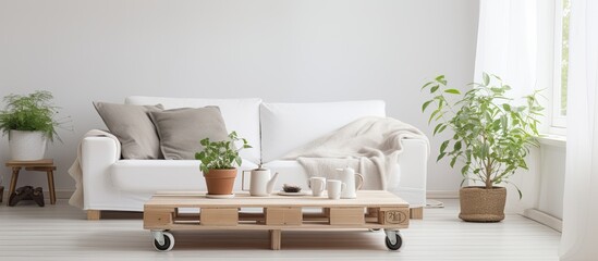 Scandinavian style living room with spacious white interior featuring a coffee table made of repurposed boxes holding a tray with fresh coffee With copyspace for text