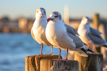 Seagulls perched on a wooden post