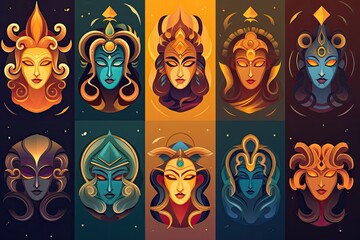 Indian mythology symbols and deities in abstract style Abstract background