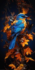 A vibrant blue and yellow bird perched on a tree branch
