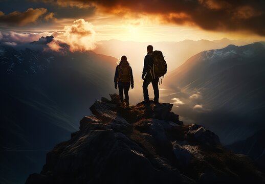 two people standing mountain top sunset background promotional sigma lens wearing adventure gear man woman love pathways forward lighting dawn