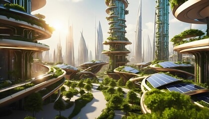 Ecological future city concept with carbon neutral footprint against global warmth. Green city solutions. Smart city. Solar Punk.